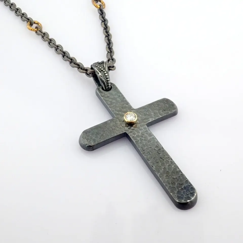 Cross Necklace Detailed With Brilliant Diamonds and 18K Gold On Silver
