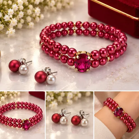 Double Strand Red Pearl Bracelet with Large Red Gemstone & Matching Earrings