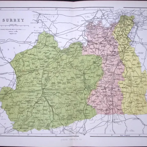 County Surrey 150 Years-Old 1875 Coloured Detailed Antique 1875 Map-64