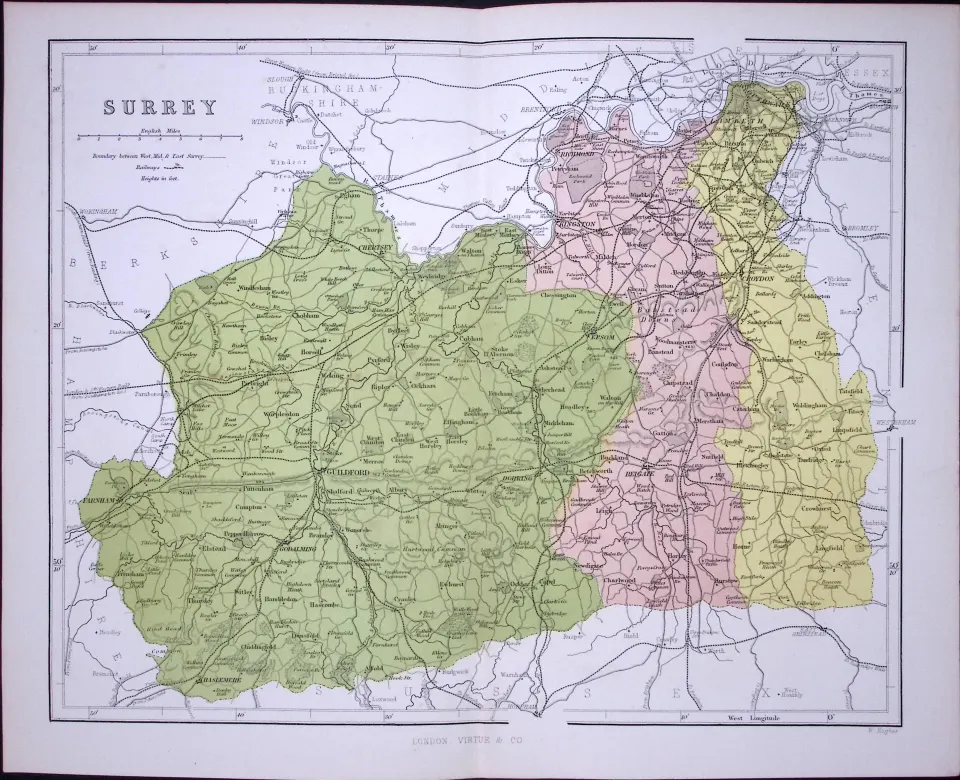 County Surrey 150 Years-Old 1875 Coloured Detailed Antique 1875 Map-64