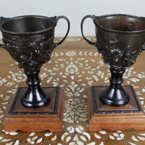 Pair of Grand Tour Bronze Two Handled Urns