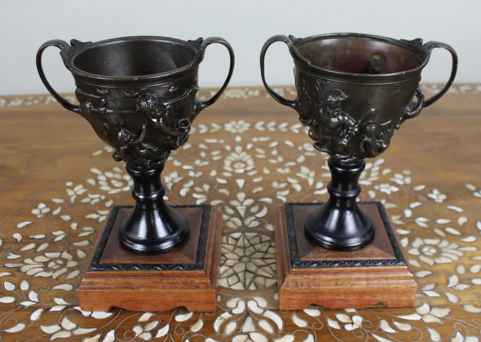 Pair of Grand Tour Bronze Two Handled Urns