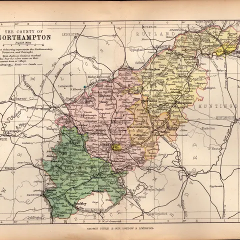 County of Northamptonshire 1895 Antique Victorian Coloured Map.
