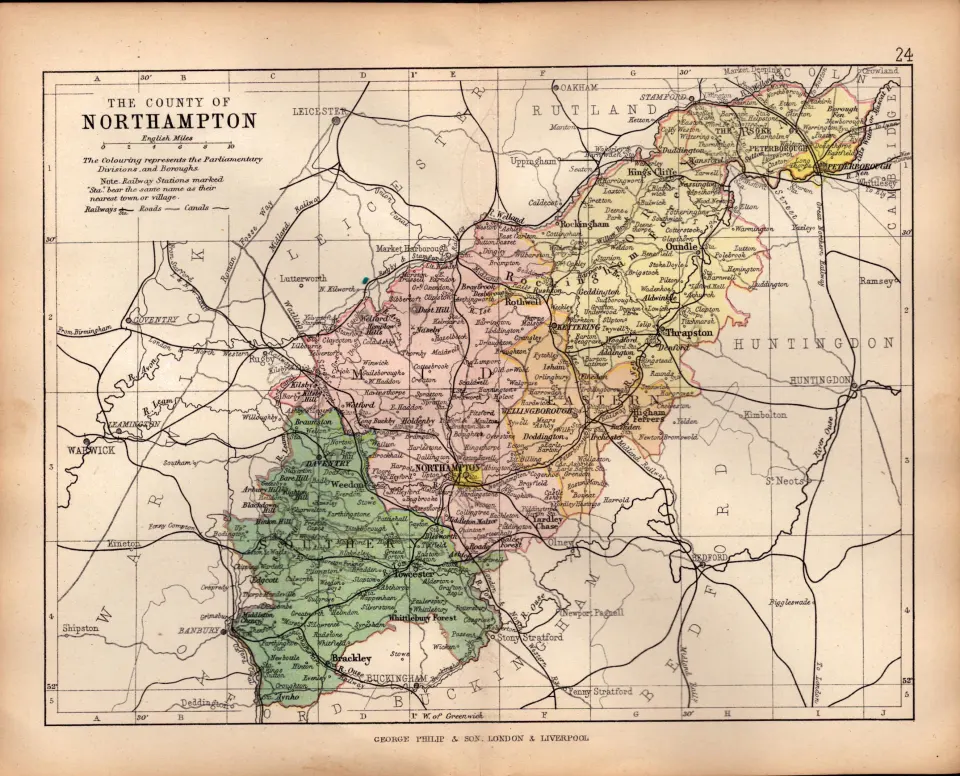 County of Northamptonshire 1895 Antique Victorian Coloured Map.
