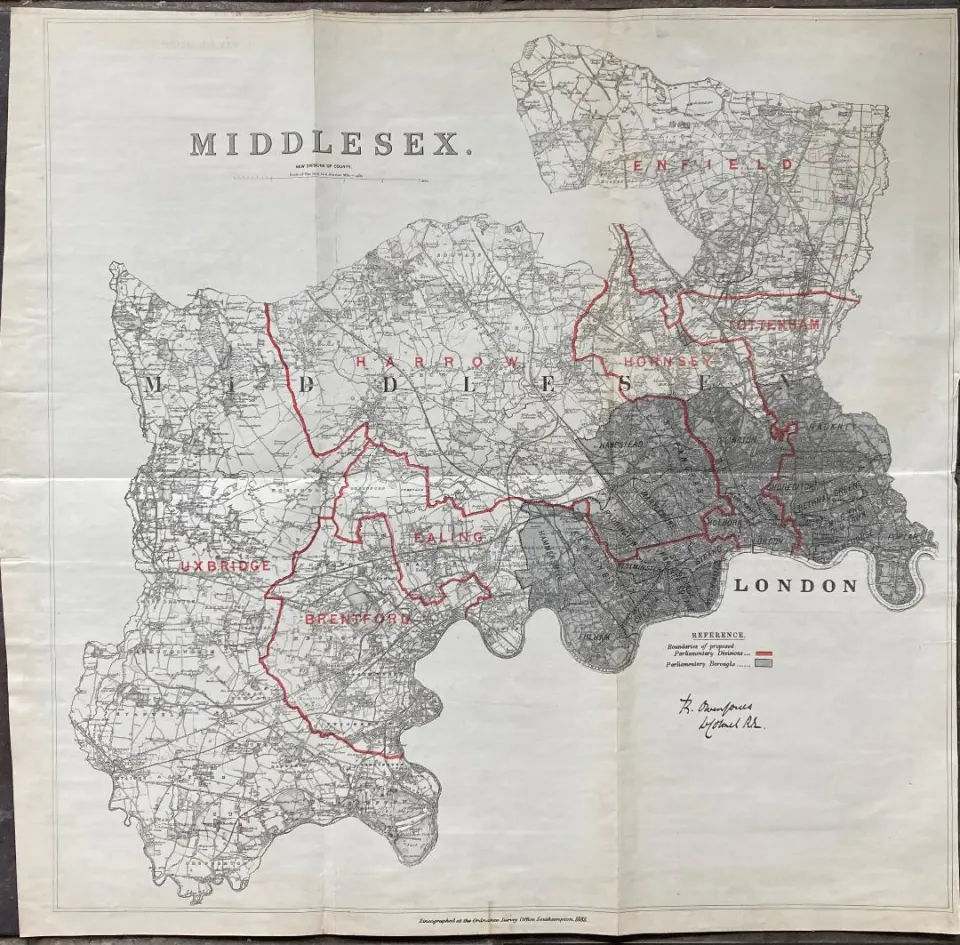 Antique 139 Years-Old Scarce Map County of Middlesex & London 1885 Boundary Changes.