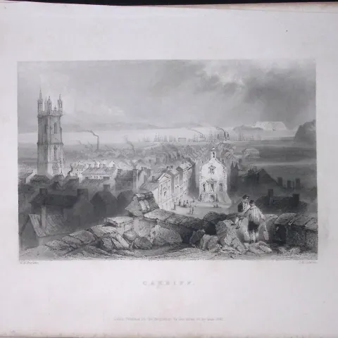 View of Cardiff Town Wales WH Bartlett 1842 Antique Steel Engraving-108