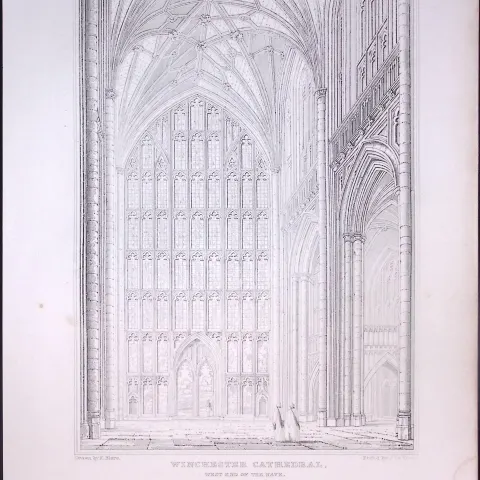 Winchester Cathedral 190 Years-Old John Britton Antique Steel Engraving-326.