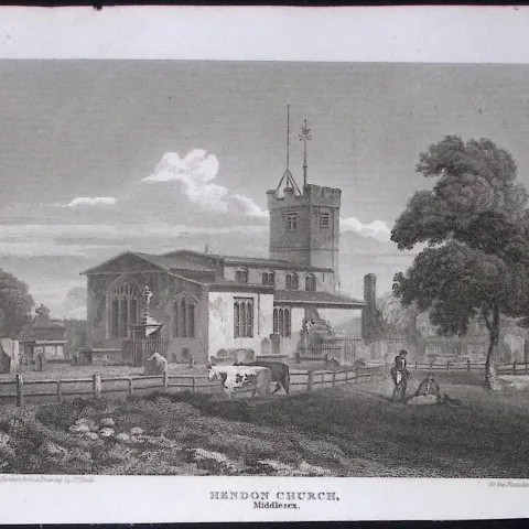 London Hendon Church Antique 200 Years-Old Steel-Engraving-99