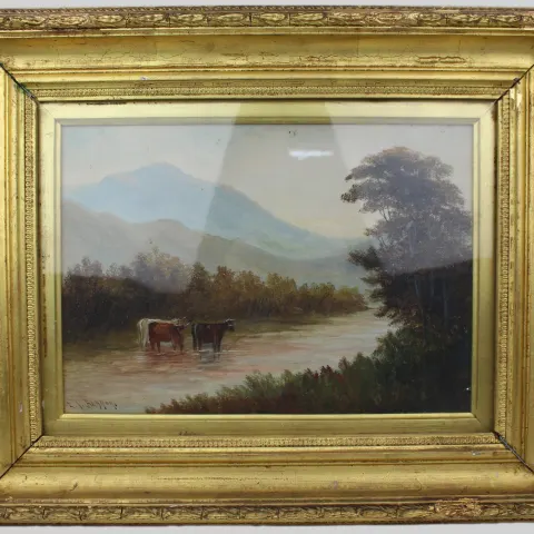 Cattle in a Stream – Victorian Landscape by E.J. Bladon
Oil on Board, Signed