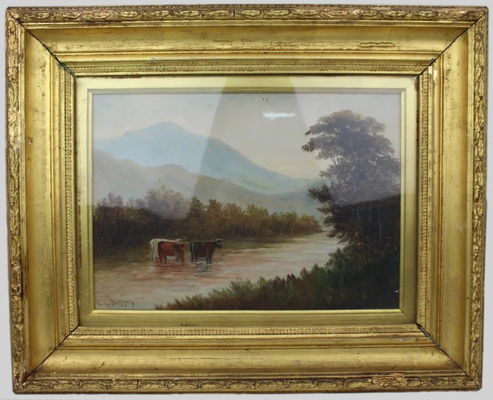 Cattle in a Stream – Victorian Landscape by E.J. Bladon
Oil on Board, Signed