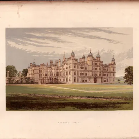 Burghley House Stanford Lincs Gilt-Edge Coloured Antique Book Plate.