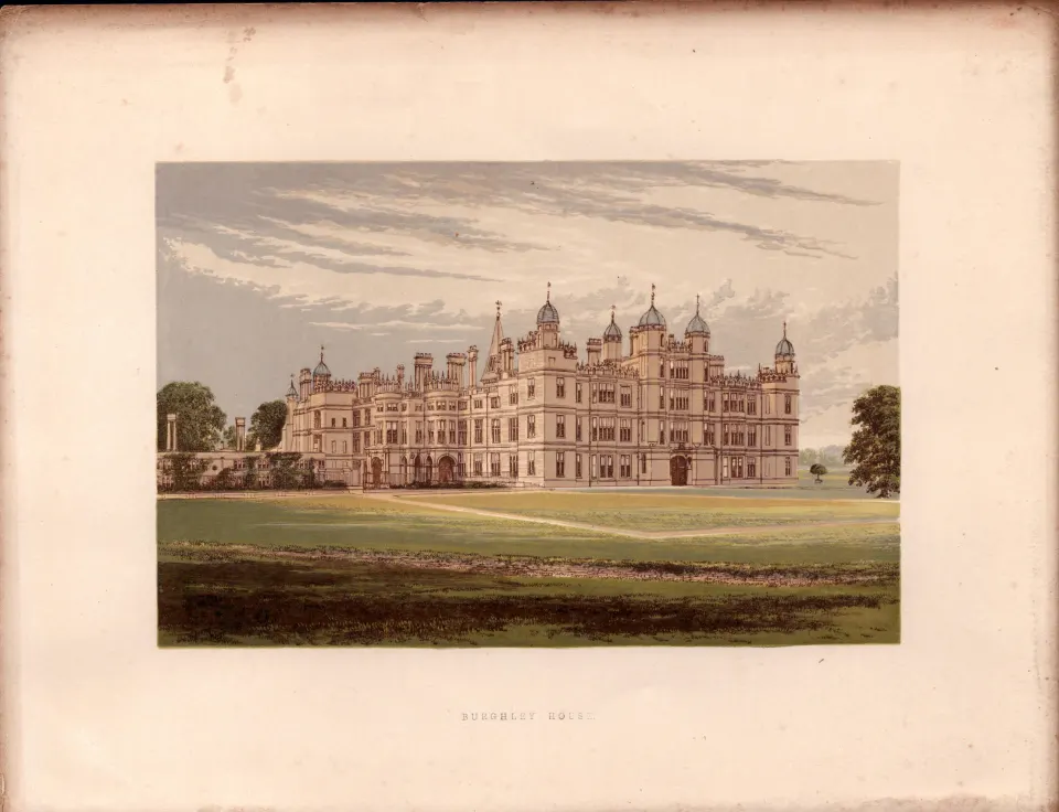 Burghley House Stanford Lincs Gilt-Edge Coloured Antique Book Plate.