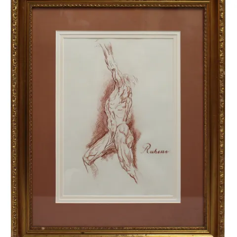 Fine Red Chalk Male Nude Set in Gilt Frame