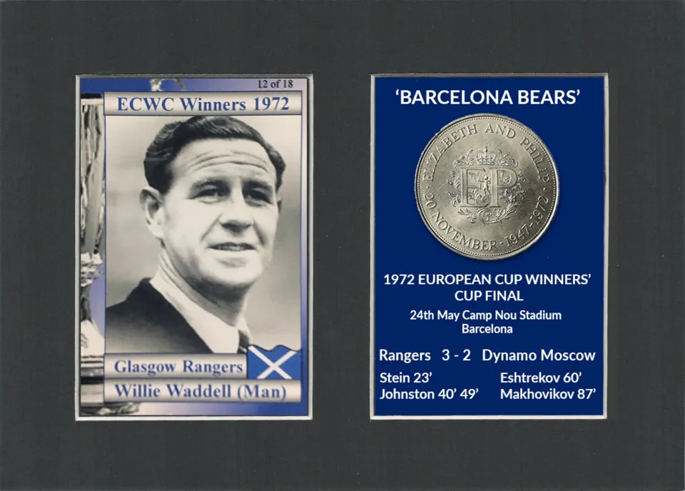 Willie Waddell Manager Rangers Barcelona Bears 1972 ECWC Mounted Set.