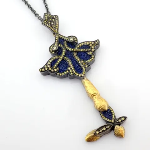 Key Necklace Detailed With Brilliant Diamonds, Lapis-Lazuli Powder and 14K, 24K Gold On Silver.