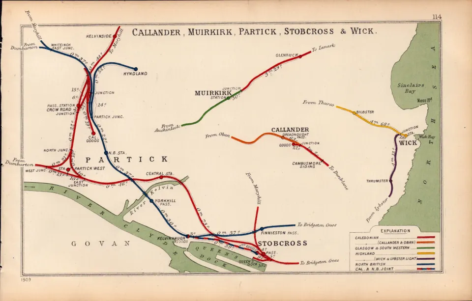 Wick Callander Partick Scotland  Detailed Antique Railway Diagram-114.