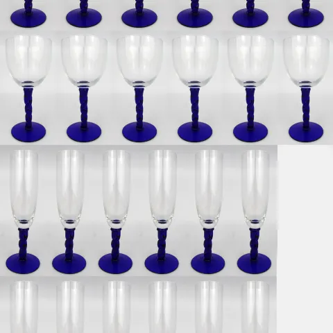 Suite of 24 French Crystal Glasses with Blue Twist Stems