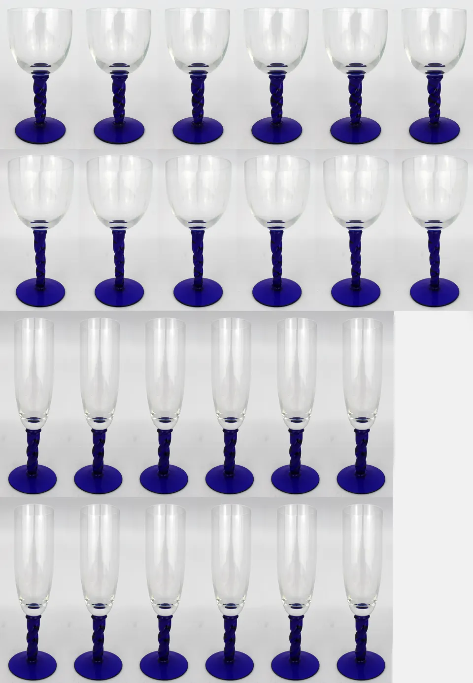 Suite of 24 French Crystal Glasses with Blue Twist Stems