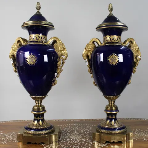 Pair of Fine Sevres Style Cobalt Blue Rams Head Lidded Urns