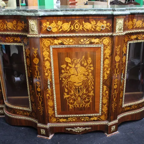Marble Topped Marquetry Credenza Side Cabinet
