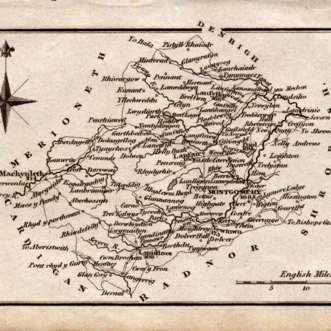 Wales Montgomery Antique Copper Engraved Map by Sidney Hall.