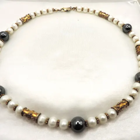 Cultured Pearl Gold On Silver Bead Necklace With Gift Box