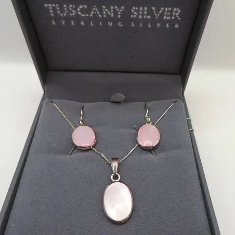 Tuscany Silver Pink Mother of Pearl Necklace & Earrings New With Gift Box