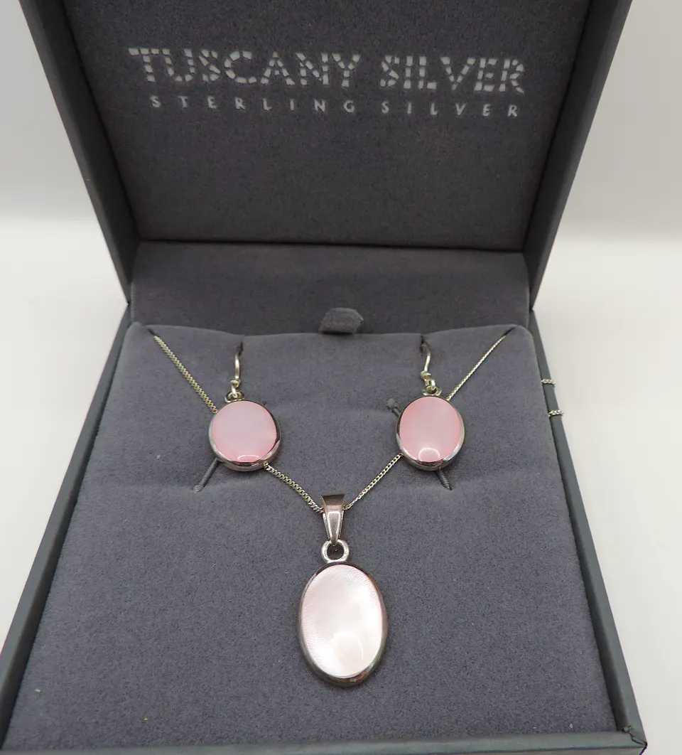 Tuscany Silver Pink Mother of Pearl Necklace & Earrings New With Gift Box