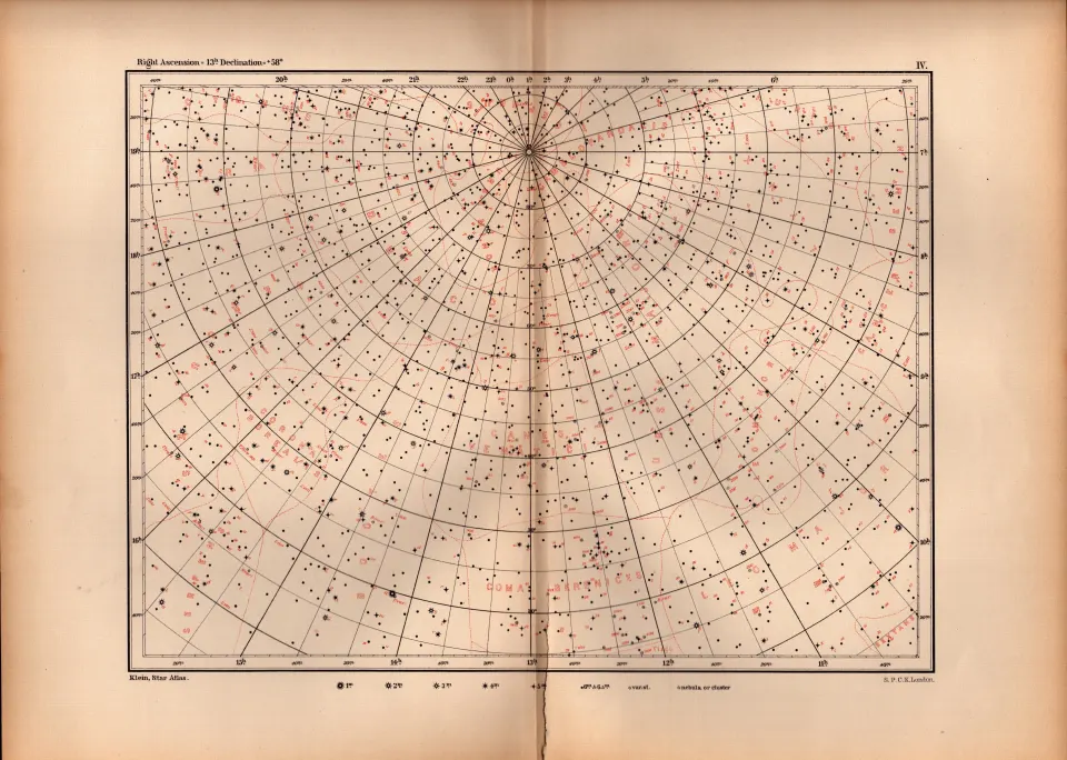 Star Atlas Declination 13 Hr +58 Degrees Astronomy Antique Map.
