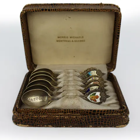 Cased Set of 6 Canadian Sterling Silver & Enamel Souvenir Spoons – Morris Michaels, c.1930s