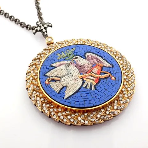An exquisite necklace detailed with micro-mozaic , brilliant diamonds and gold on silver