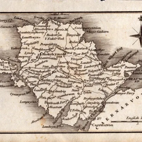 Wales Anglesey Antique Copper Engraved Map by Sidney Hall.