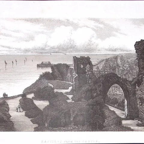 Hastings from The Castle J H F Brabner Coloured Antique 130 Years-Old Print 13-TR.