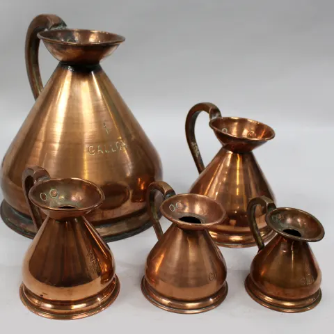 Set of 5 Antique Graduated Haystack Copper Jugs