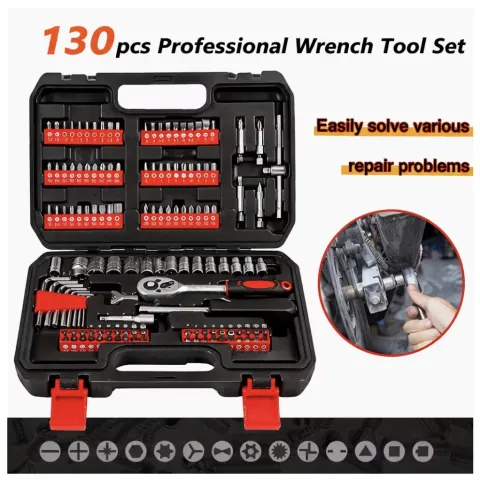 130PCS Automotive Repair Tool Set with Toolbox – Socket Set, Ratchet Wrench & Screwdriver Kit