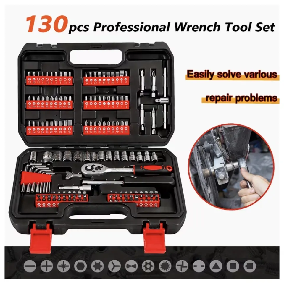 130PCS Automotive Repair Tool Set with Toolbox – Socket Set, Ratchet Wrench & Screwdriver Kit