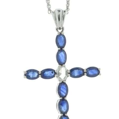 18ct White Gold Diamond And Sapphire Cross Pendant And 18" Chain (S4.23) 0.32 Carats