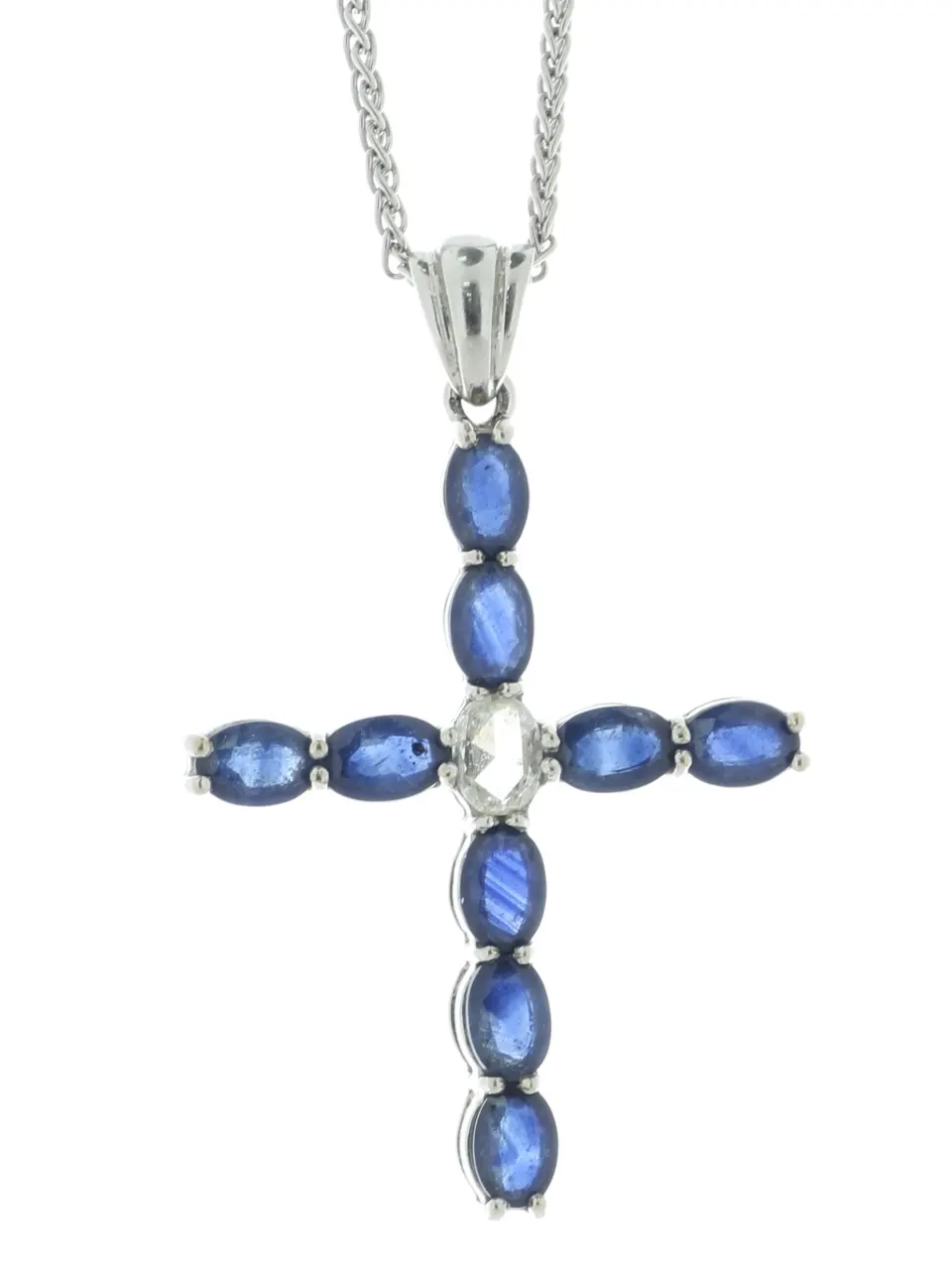 18ct White Gold Diamond And Sapphire Cross Pendant And 18" Chain (S4.23) 0.32 Carats