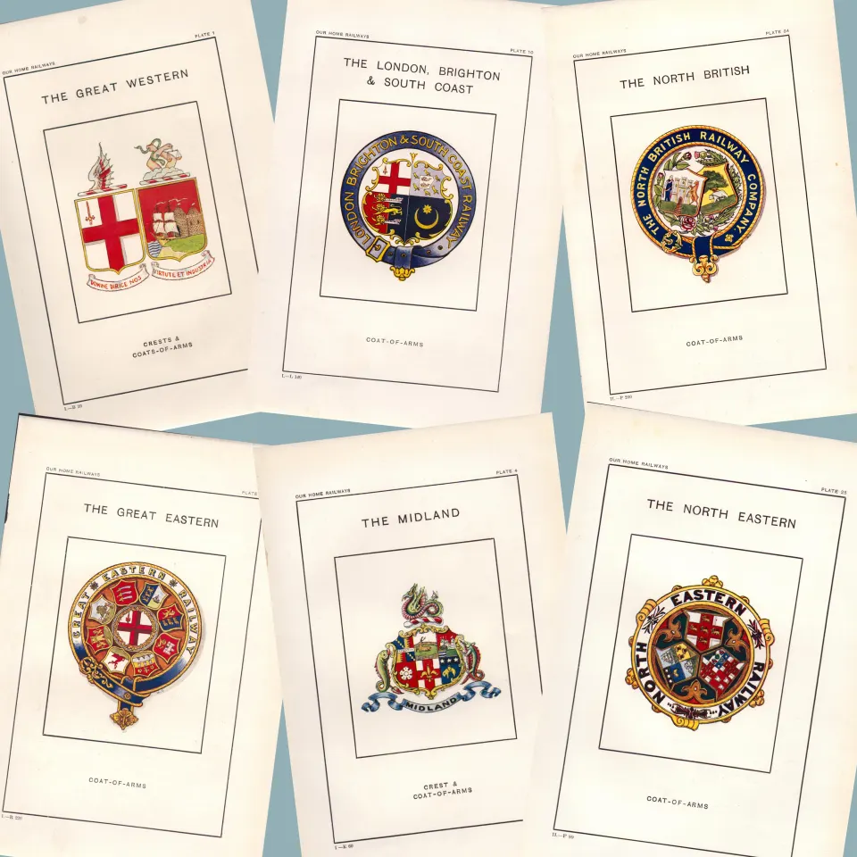 Collection 11 Railway Services Crest & Coat of Arms Antique Book Plates.