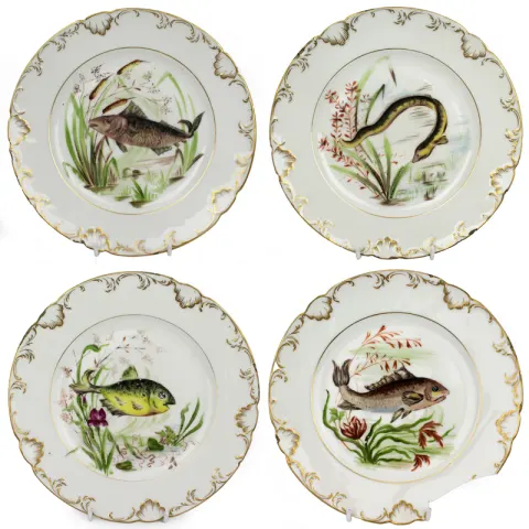 Set of 4 Edwardian Hand Painted Fish Plates, Signed Wolly Fowkes 1903