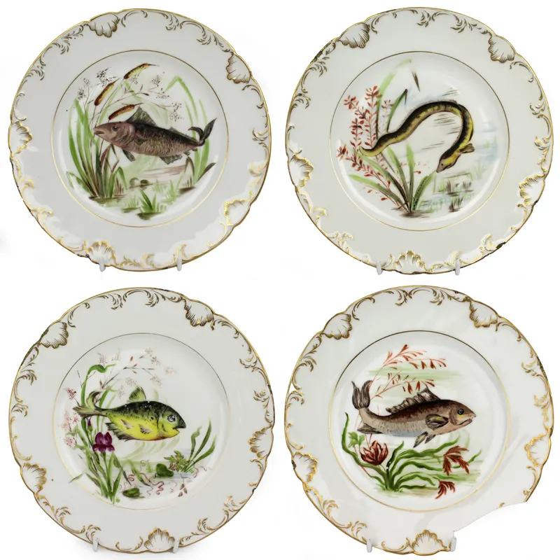 Set of 4 Edwardian Hand Painted Fish Plates, Signed Wolly Fowkes 1903