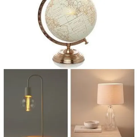 2 x Curved Battery Table Lamps 50346754. 1 x Copper Globe Lamp 050603765. 1 x Bubble Designer Glass