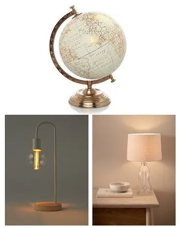 2 x Curved Battery Table Lamps 50346754. 1 x Copper Globe Lamp 050603765. 1 x Bubble Designer Glass
