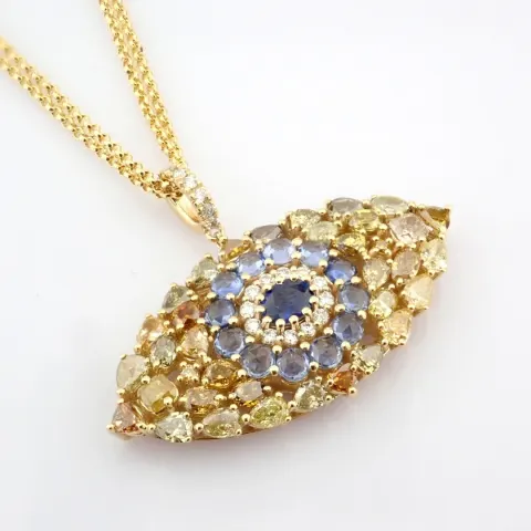 14K Large Evil Eye Necklace Detailed With Vibrant Sapphire and Brilliant Diamonds