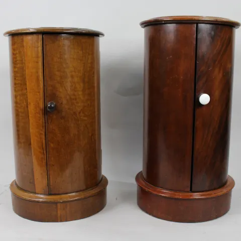 Pair of Victorian Marble Topped Cylindrical Mahogany Pot Cupboards