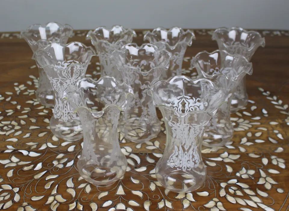 Collection of 9 Vintage Etched Glass Lampshades