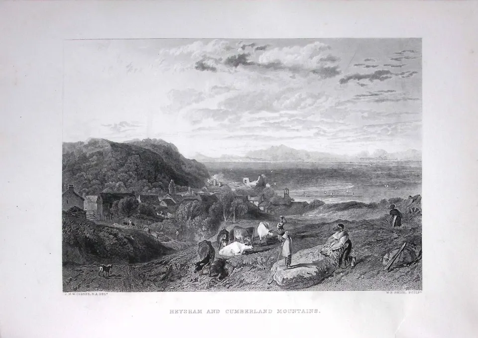 J.M.W Turner Heysham & Cumbria Mountains Antique Steel Engraving-88-TR