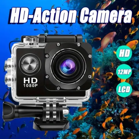 HD 1080P Action Camera, 12MP Wide Angle Lens with 5.08 cm LCD Screen, Portable Waterproof Sports