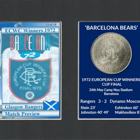 Rangers FC Barcelona Bears 1972 ECWC Mounted Card & Coin Metal Art.