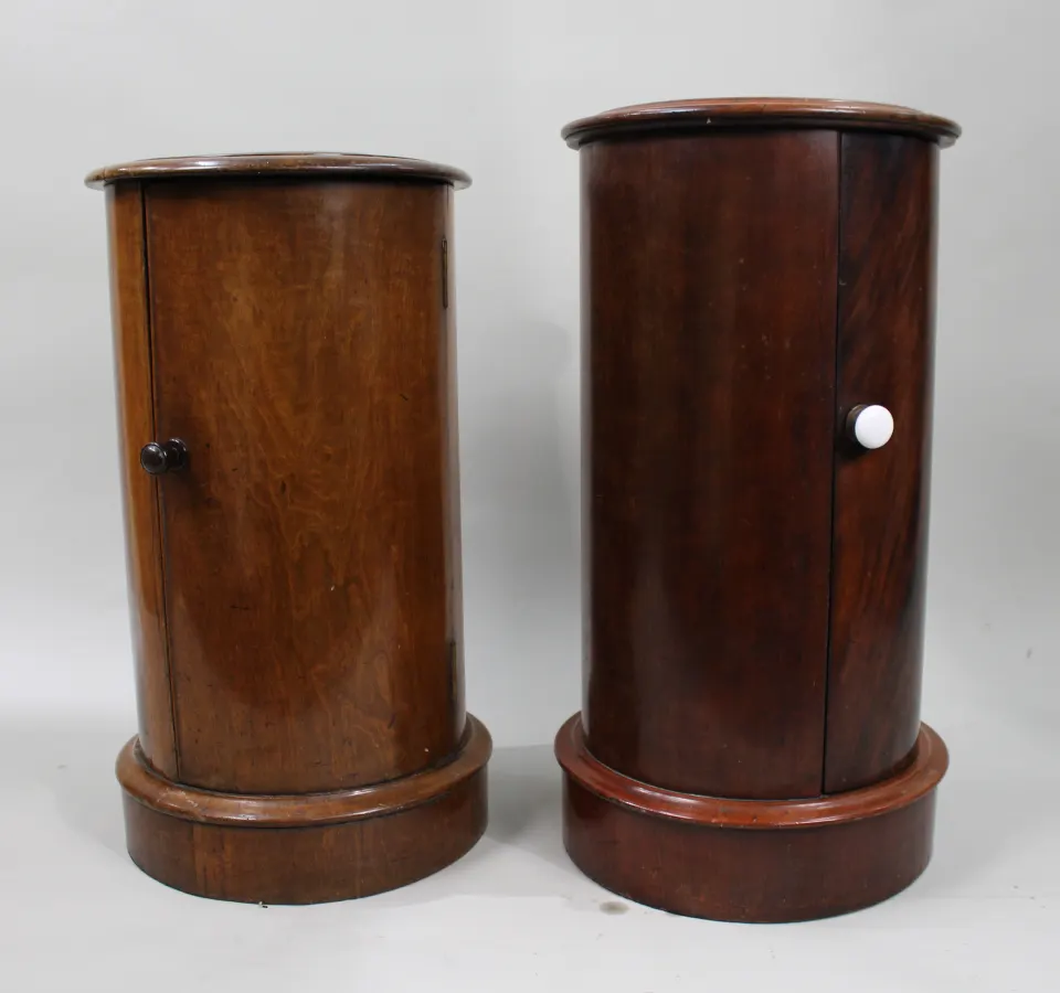 Pair of Victorian Marble Topped Cylindrical Mahogany Pot Cupboards